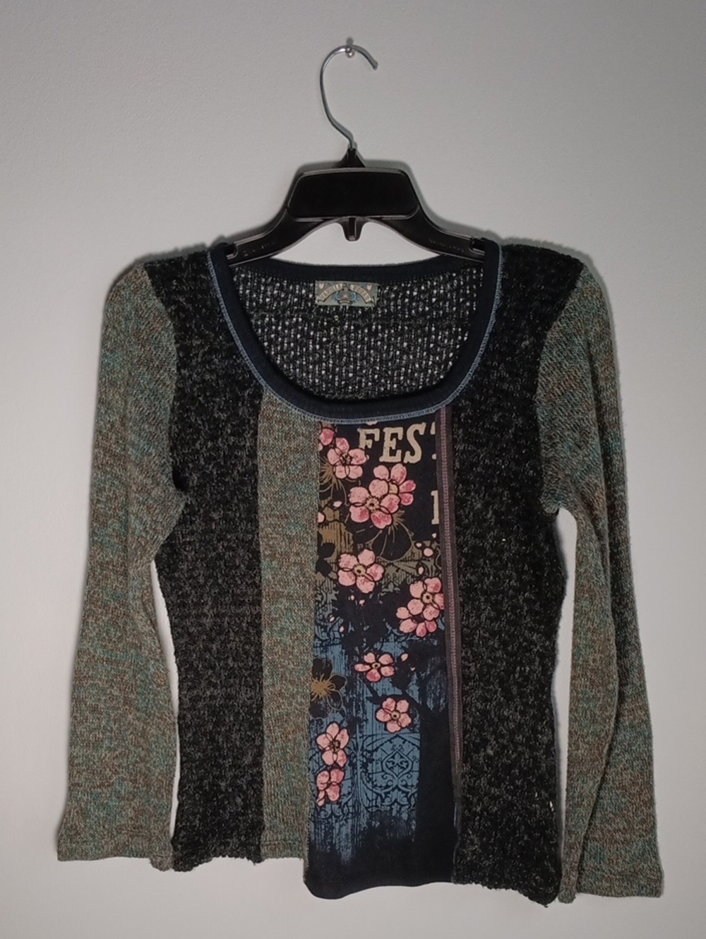 Vanilla Sugar Black and Olive Patchwork Knit Sweater with Pink Accents